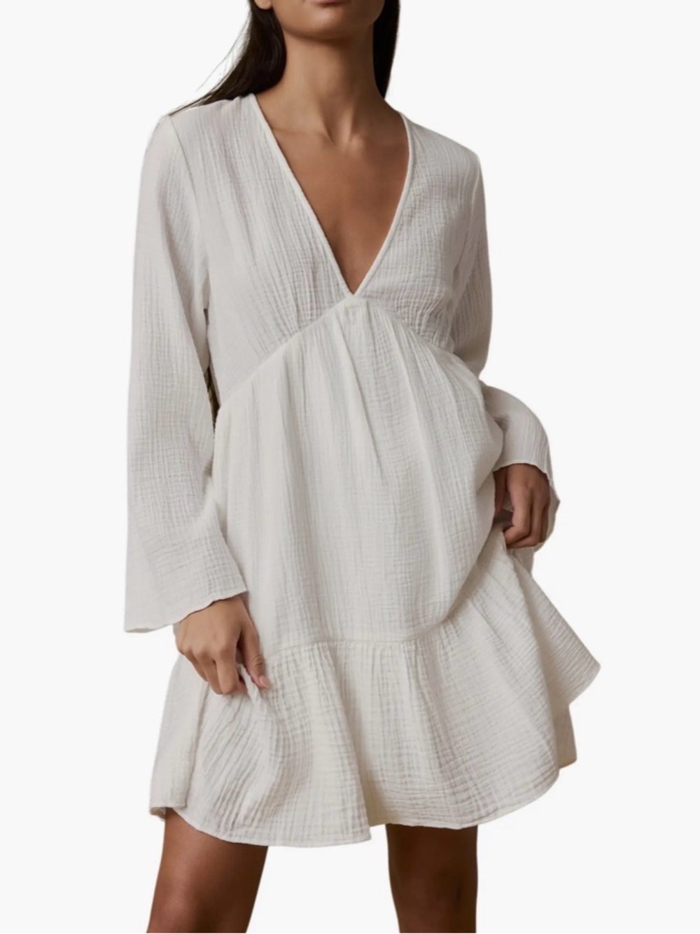 Faherty White Long-Sleeve V-Neck Gauze Mini Dress, Size XL - NWT